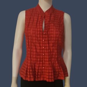 JONES NEW YORK Hot Pink Checkered Sleeveless Pintucked Peplum Button Down Shirt